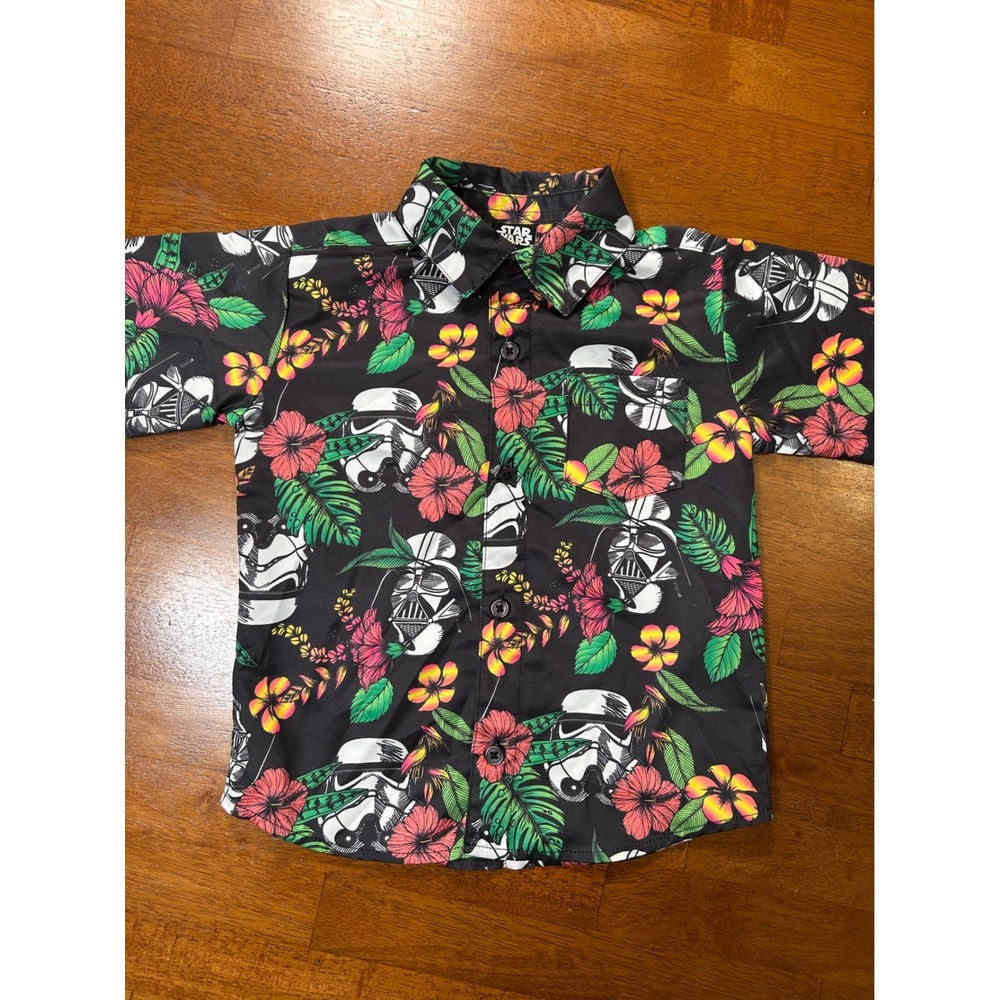 Star Wars Button Down Shirt Toddler 4T Black Floral Darth Vader Stormtrooper